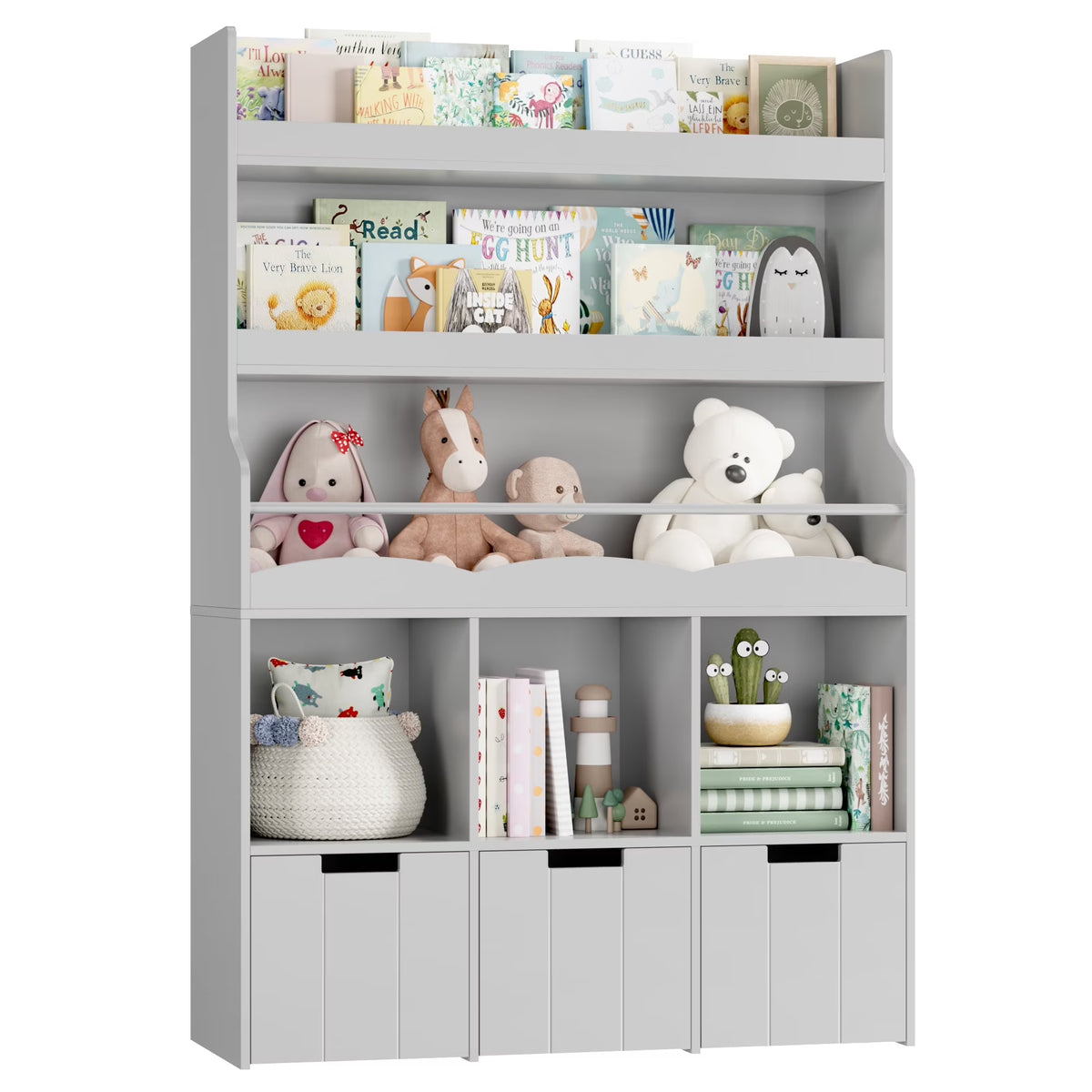 Homfa 55.5�� H Kids Bookshelf with 2-Tier Book Shelves, Children Toy Organizer with 3 Cubes and Removable Drawers, White