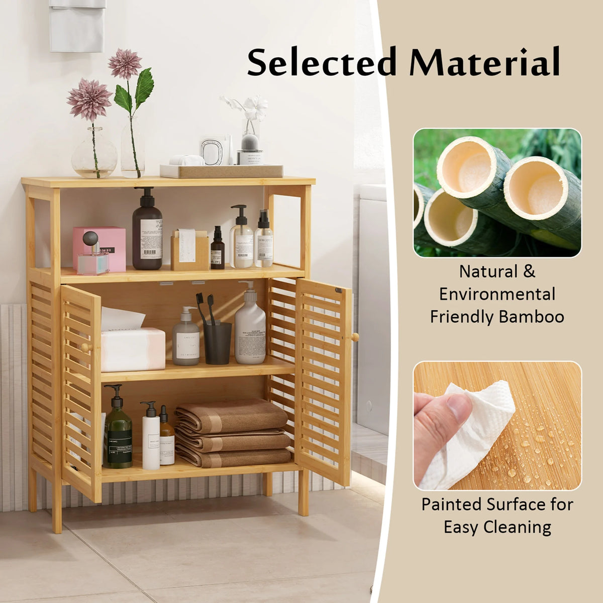 Costway Bamboo Storage Cabinet with Double Louvered Doors Open Shelf & Removable Shelf