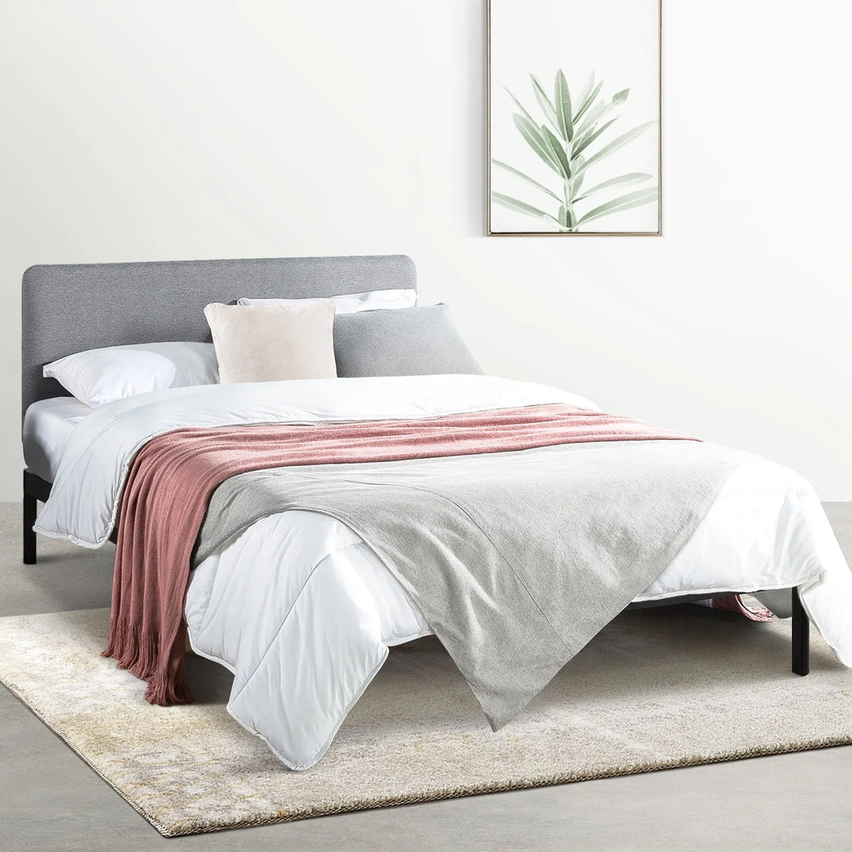 Mellow Kert Metal Platform Bed with Fabric Headboard and Rounded Legs, Classic Grey, Queen