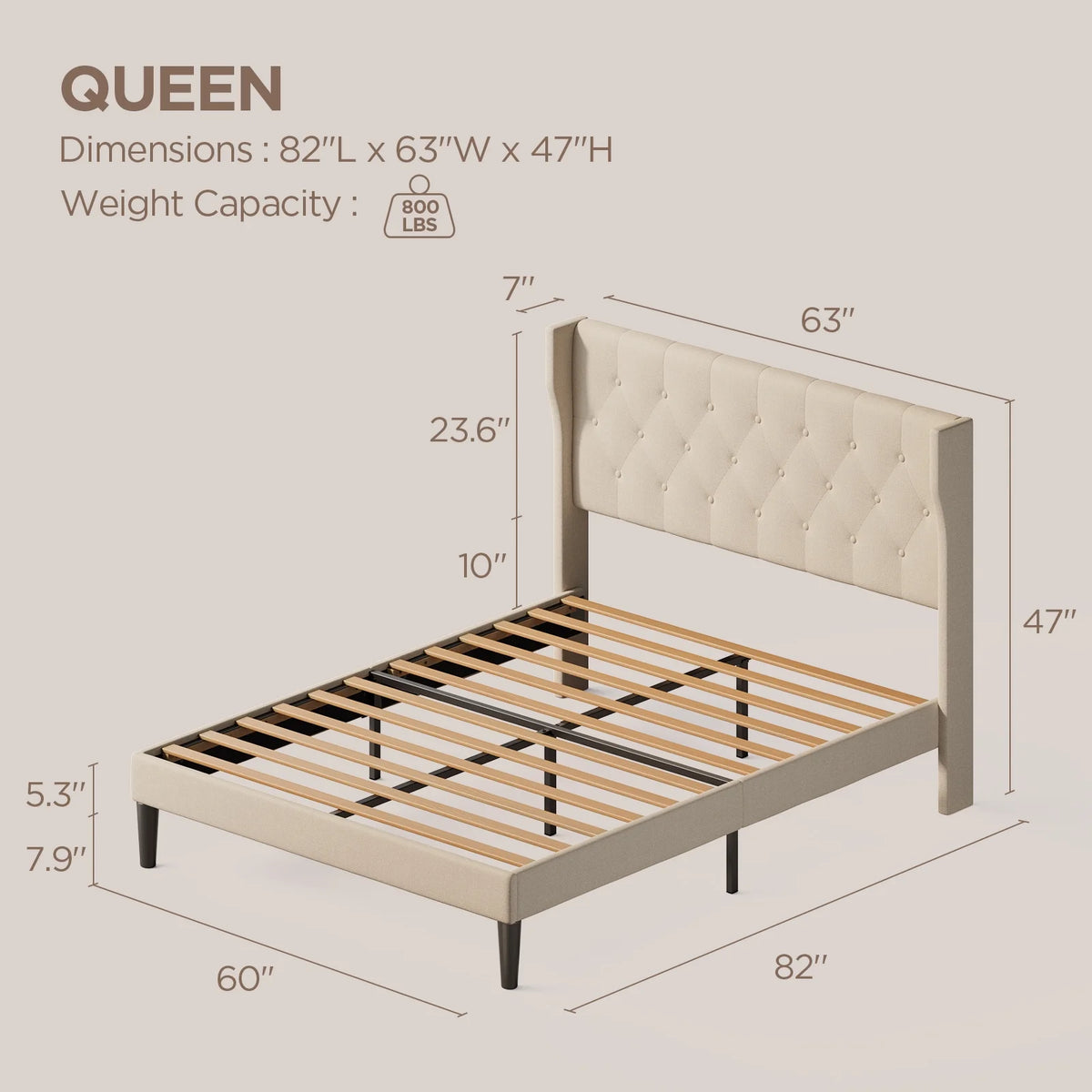 Lofka Queen Size Bed Frame with Upholstered Wingback Headboard Beige Finish