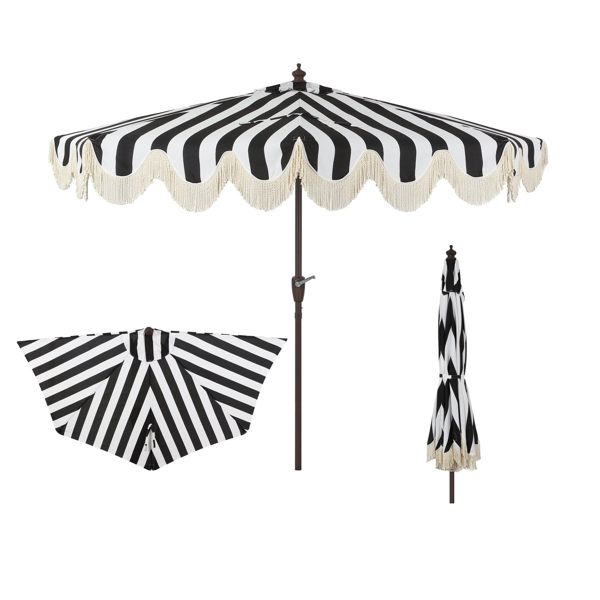 JONATHAN Y Beverly 9 ft. Half Market Patio Umbrella, Designer Classic Scalloped Fringe with Crank, Tilt Button and UV Protection, Blue/White/Cream, Dark Brown Pole