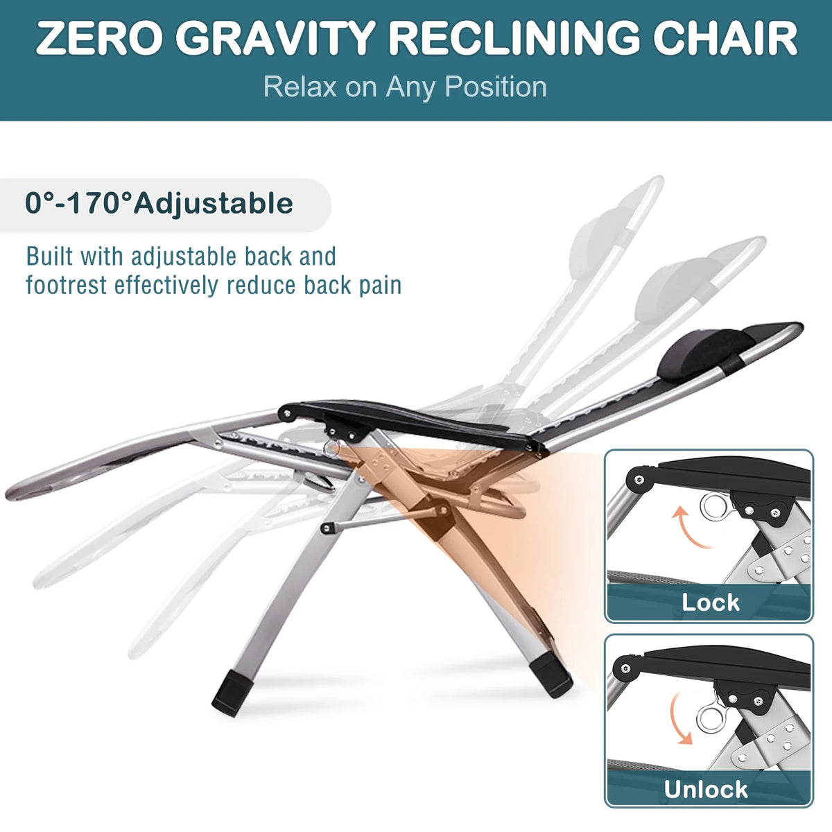 NAIZEA Zero Gravity Chair with Removable Cushion and Cup Holder Black