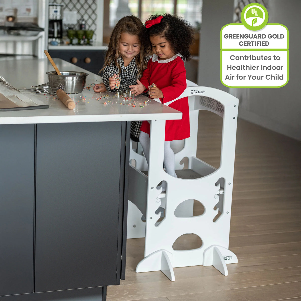Little Partners Learning Tower Adjustable Height Kitchen Step Stool, Toddler Tower, Encourages Learning, Independence, and Engagement, Safety Climbing Tower for Kitchen Counter - Soft White