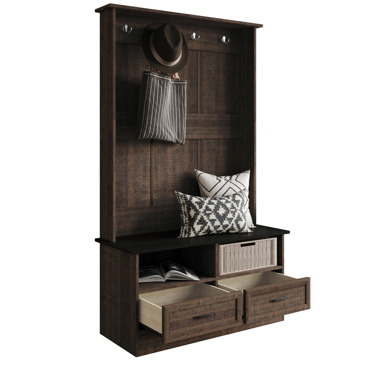 Castle Place Contemporary Hall Tree with Storage Cabinet, White