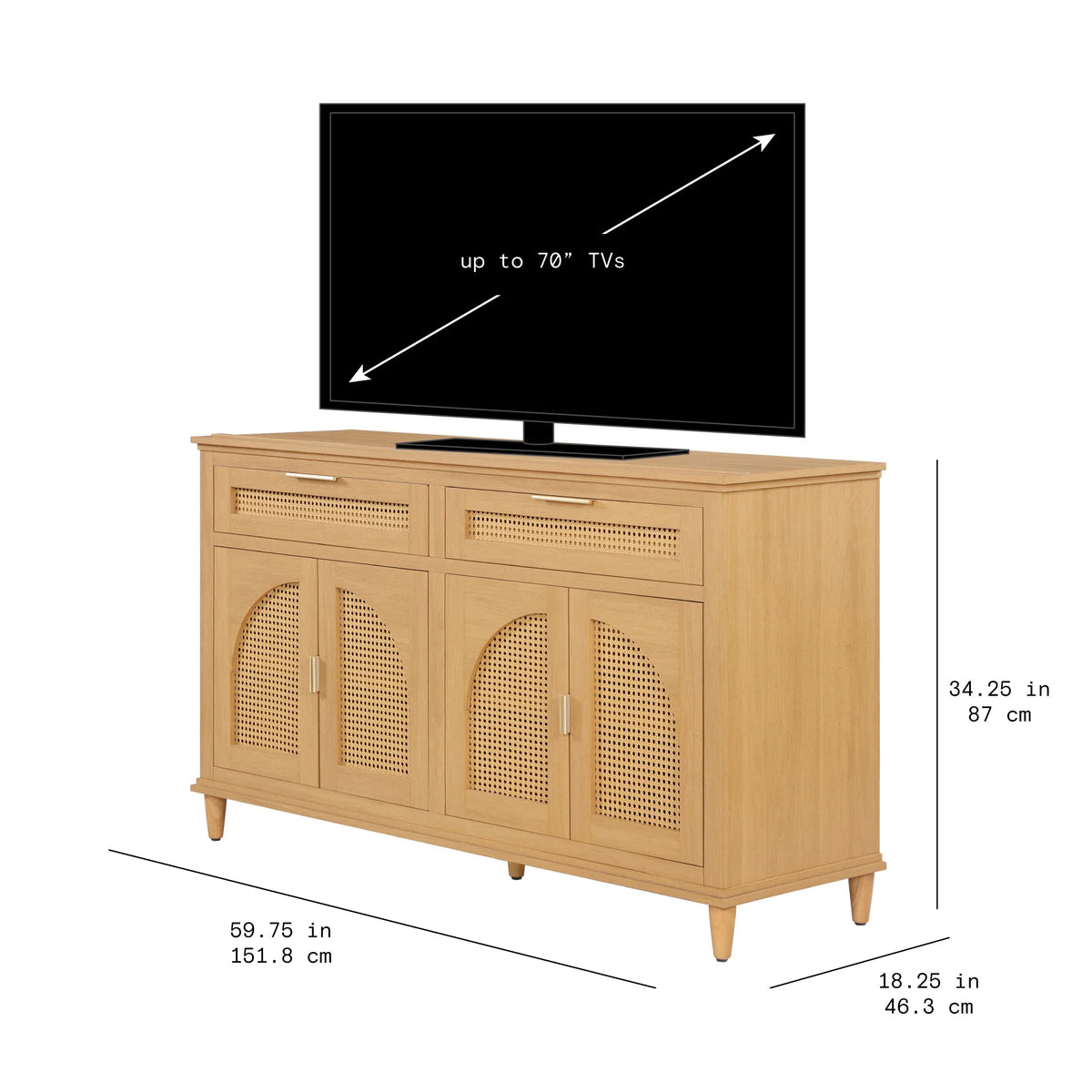 Beautiful Drew Rattan Media Console with Teched Away Drawer by Drew Barrymore, Warm Honey Finish