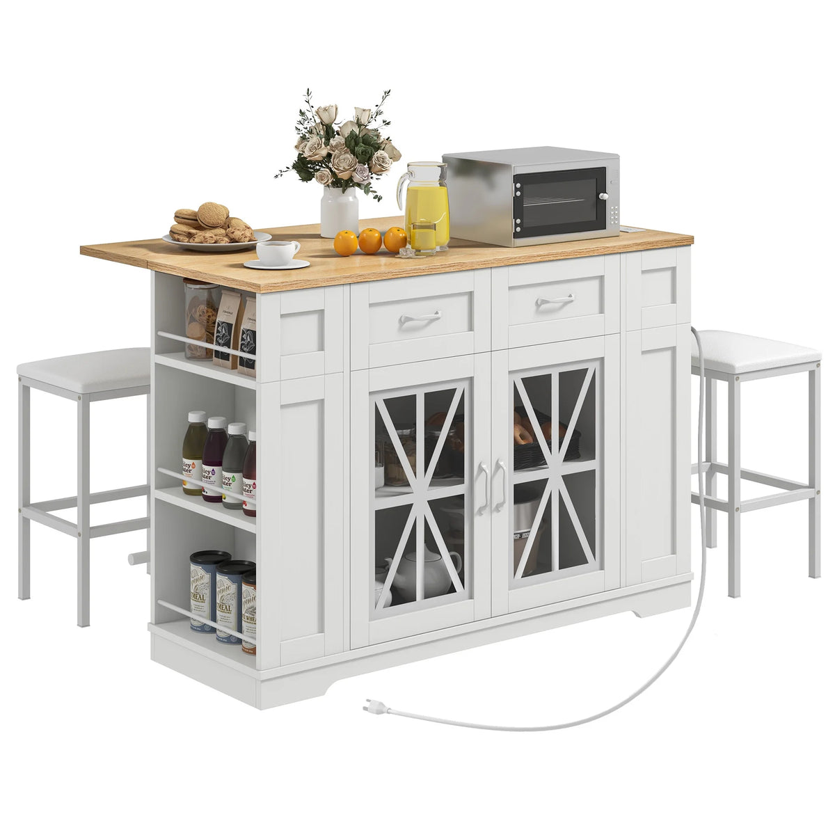 DEXTRUS Kitchen Island with Seating & Drop Leaf, Kitchen Island on Wheels with Doors & Drawers, White