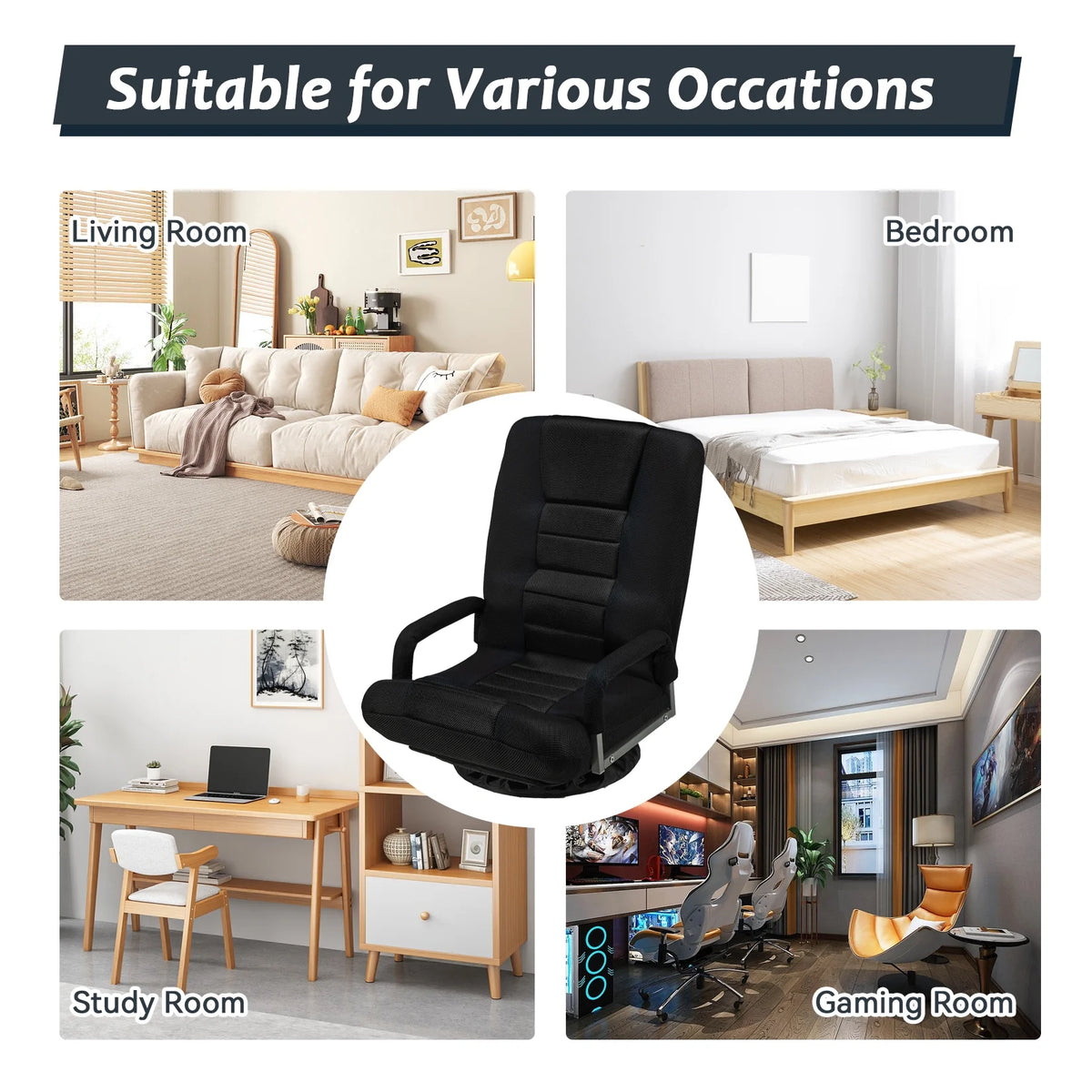 Avocahom Swivel Gaming Floor Chair w/ Armrest Handles, No Assembly gaming chair rocker, Folding Reclining Sofa w/6 Position Adjustable Backrest for Video Games, Watching TV, Reading,Blue