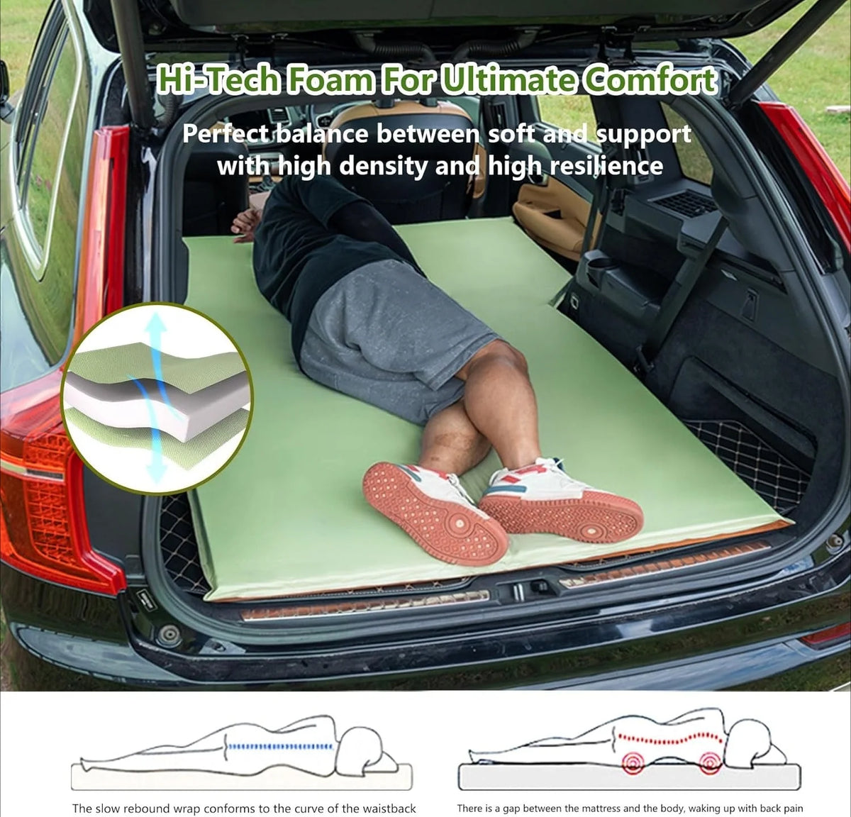 Self Inflating Camping Bed with Pillow �C Thick Memory Foam Car Pad, 9.0 R-Value for Hiking & Backpacking