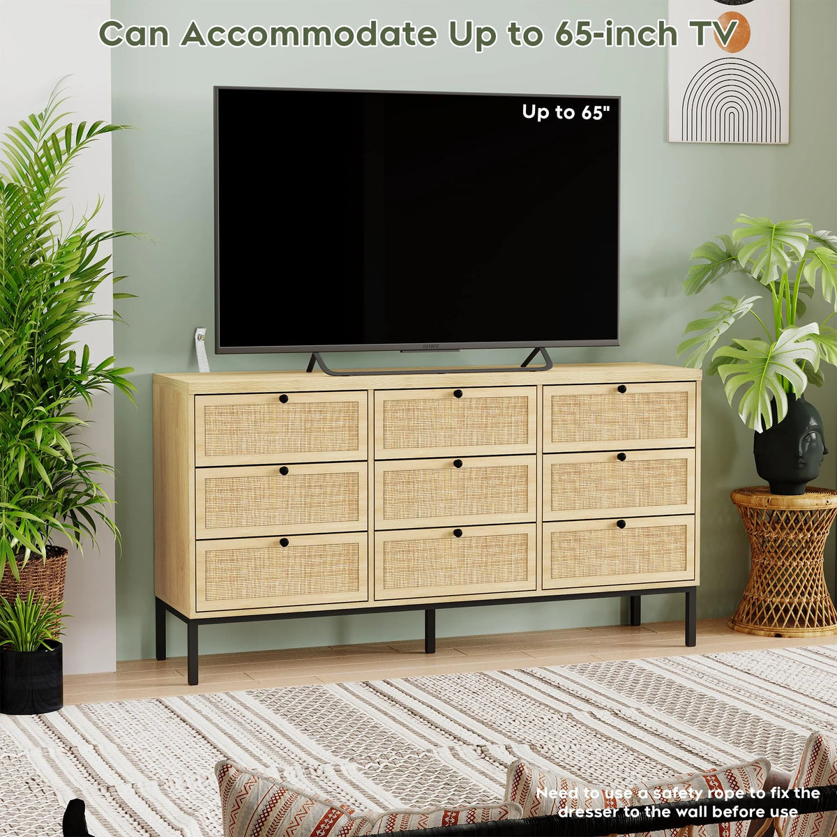 Brafabhome Rattan 6 Drawers Dresser for Bedroom, Vintage Boho Double Dresser Wicker Chest with Wooden Legs for Living Room Hallway| Mint
