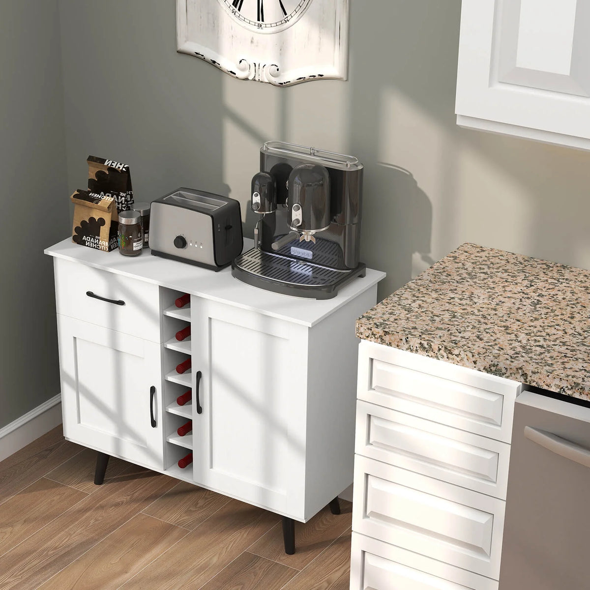 Costway 2-Door Wine Bar Cabinet Kitchen Sideboard Buffet with Drawer & Adjustable Shelves Natural