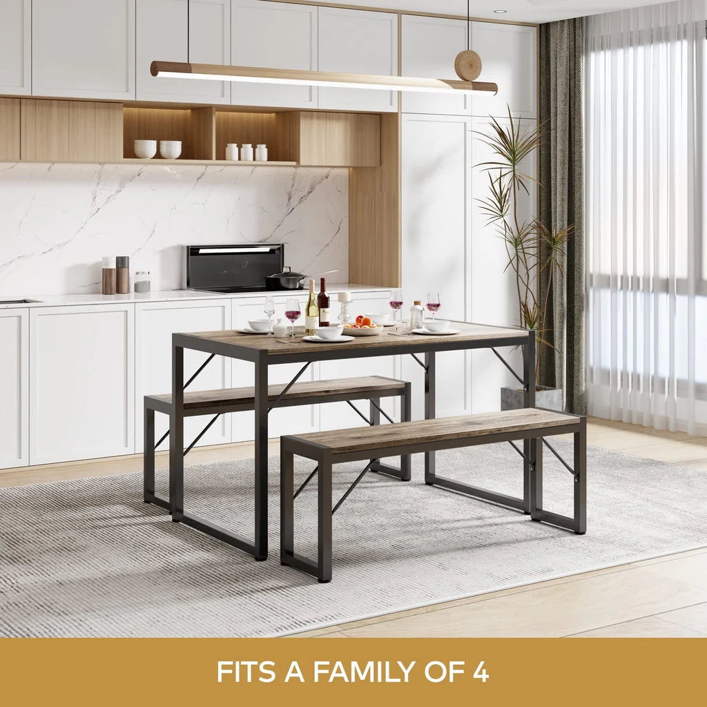 Aiho 45.5" Dining Table Set for 4 with 2 Benches for Kitchen, Dining Room - Gray