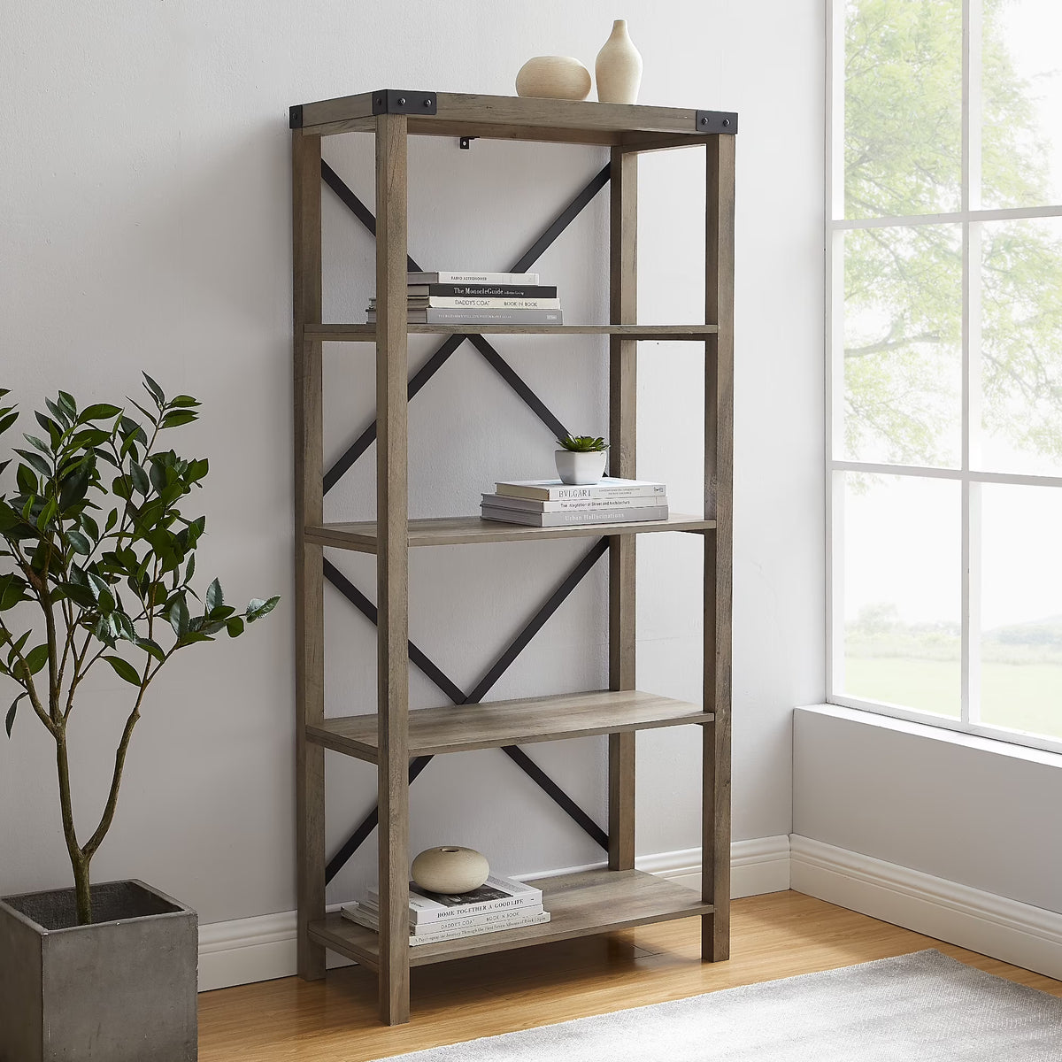 Walker Edison Rustic Industrial 4-Shelf Bookcase, Dark Walnut