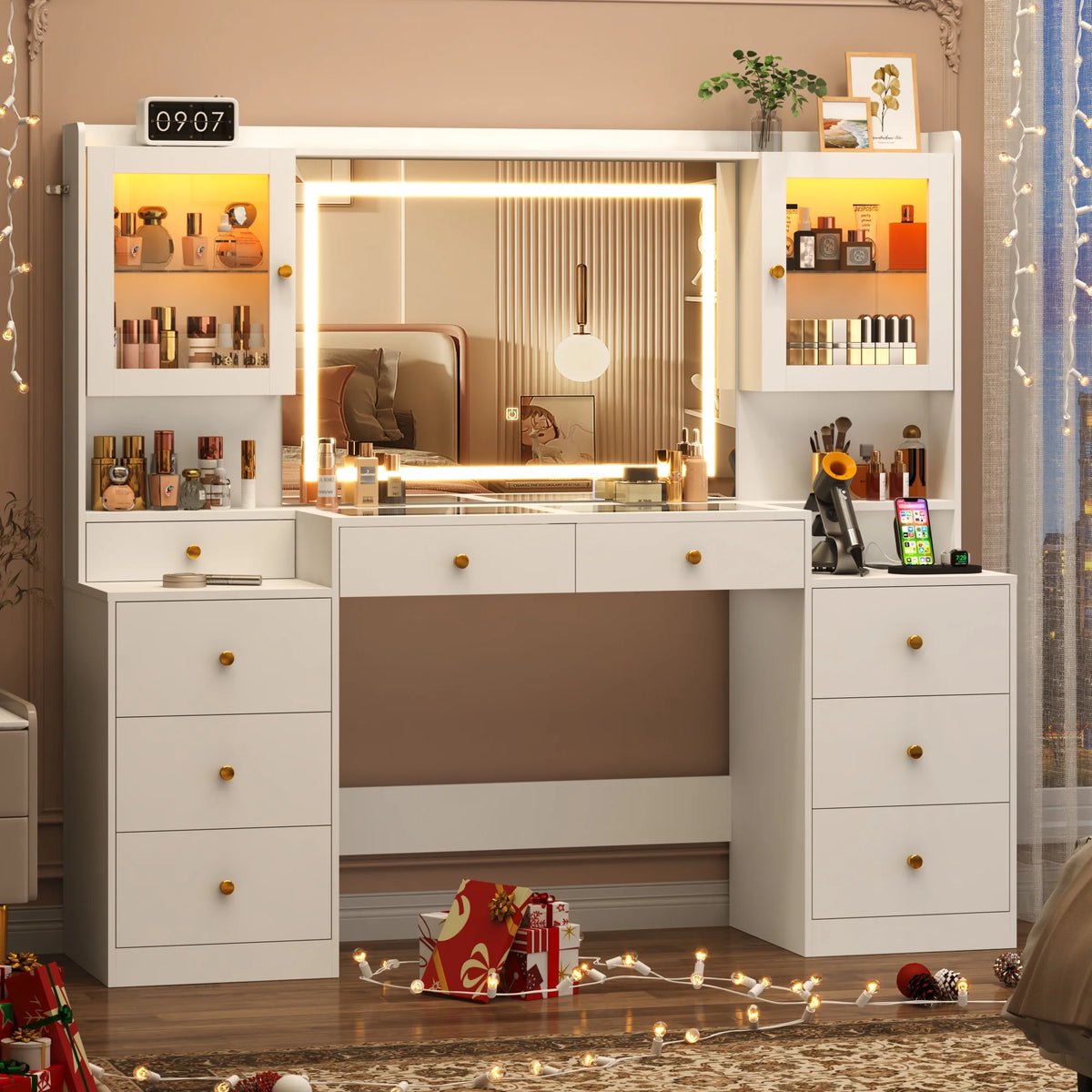 Blotout 62'' Large Vanity Desk w/60000-color LED Lights, Tempered Glass Top, Power Outlet, Makeup Vanity Table w/ 3 Lights Mode Mirror, 9 Drawers, 2 RGB Cabinets, LED Dressing Table for Girls, Women
