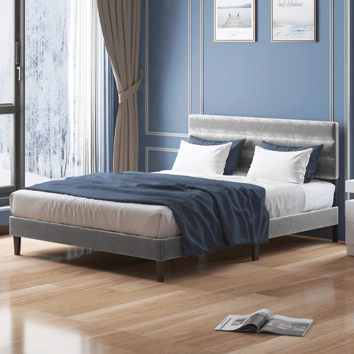 MUZZ Modern Upholstered Velvet Bed Frame, Platform Bed Frame Tufted | Light Grey, Full