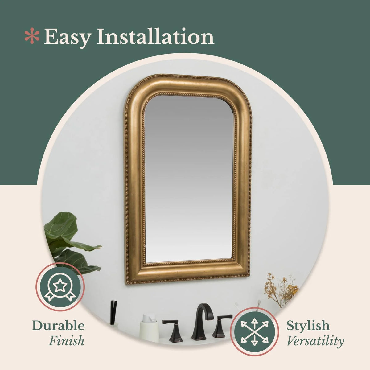 Hamilton Hills 36" x 24" Classic Gold Framed Polished Glass Top Round Corner Mirror - Thick Arched Top Rich Wall Mirror - Vanity for Bathroom Decor, Bedroom, Living Room - Hangs Horizontal or Vertica