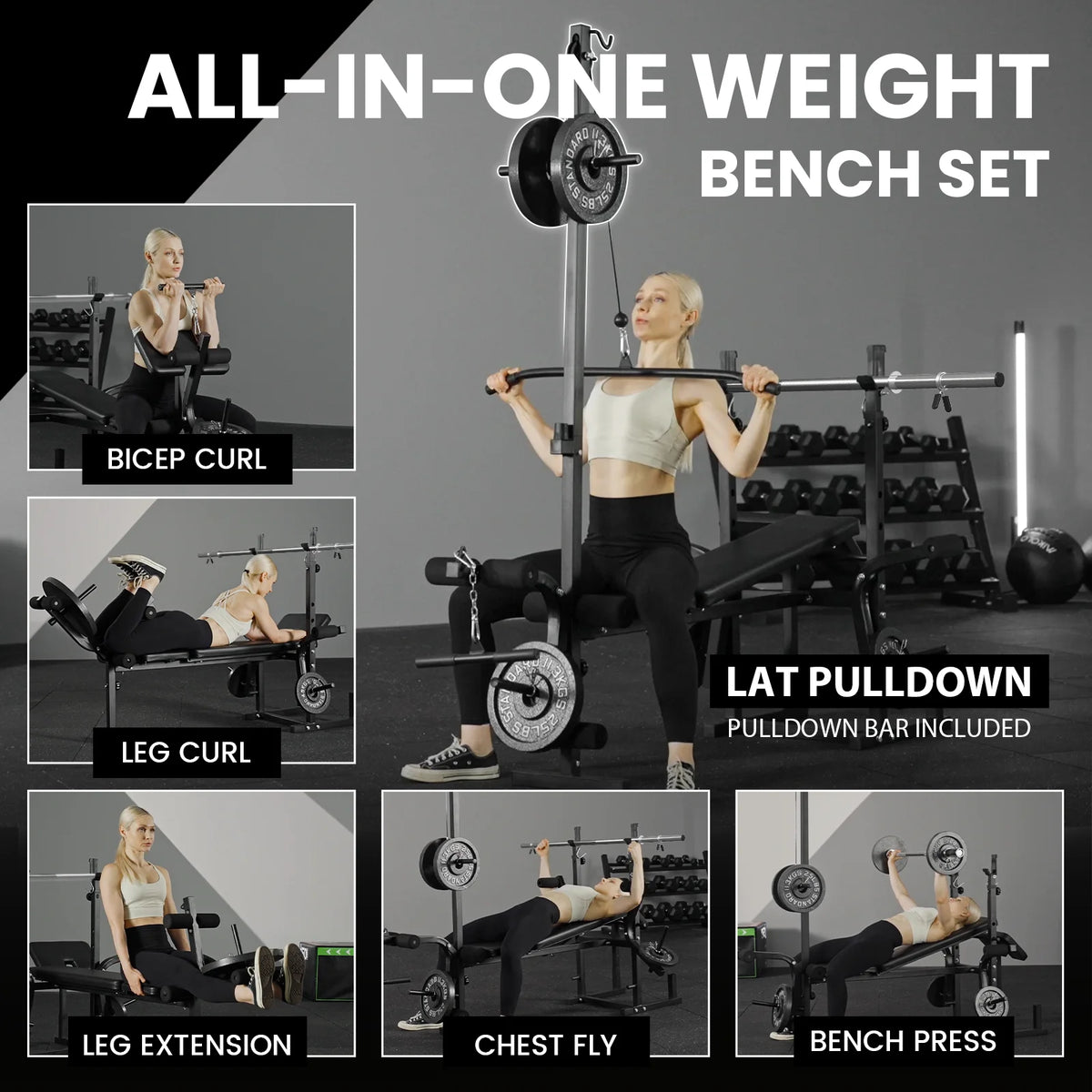 Mikolo Adjustable Weight Bench 800lbs 6 in 1 with Lat Pull Down, Leg Extension and Leg Curl, Chest Fly and Preacher Curl Workout Bench Multi-Function Strength Training Bench Press Exercise Equipment