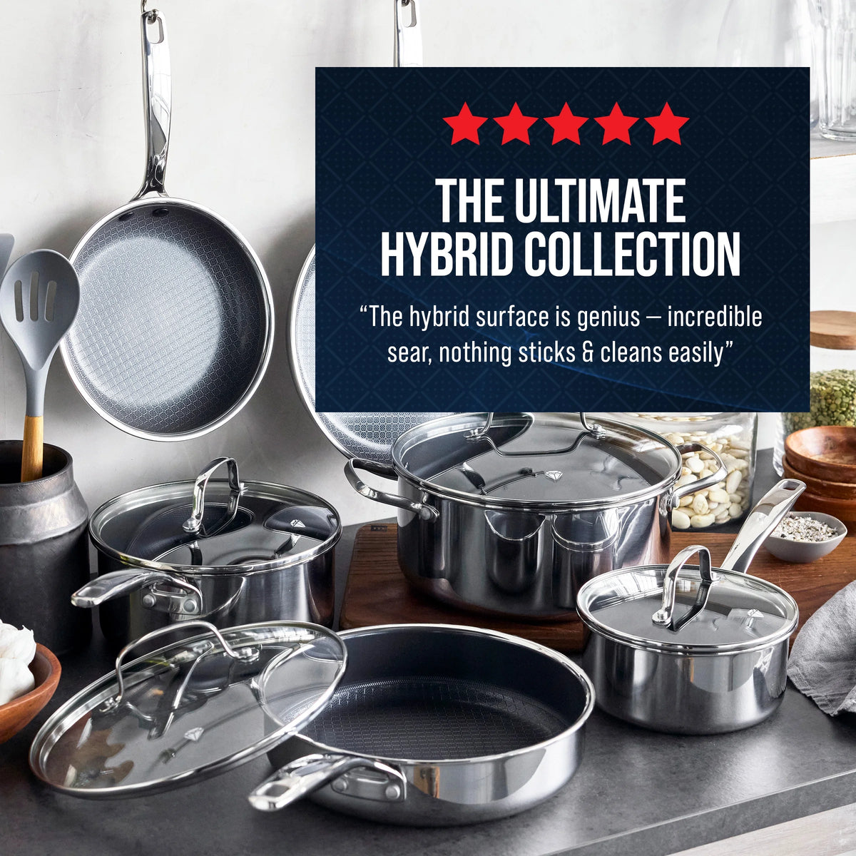 Blue Diamond 10-Piece Diamond-Bond Hybrid Ceramic Nonstick Stainless Steel Cookware Set, Dishwasher Safe