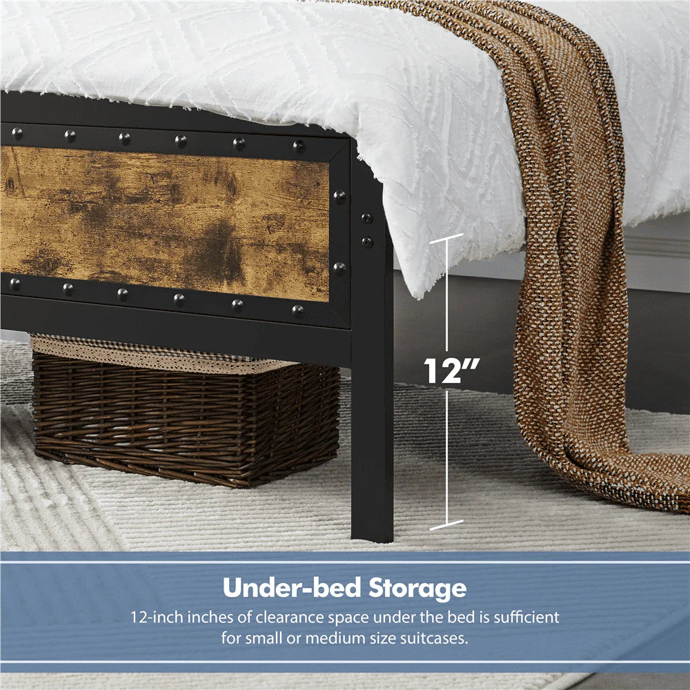 Topeakmart Industrial Metal Bed Frame with Wooden Headboard and Footboard, Full Size, Rustic Brown