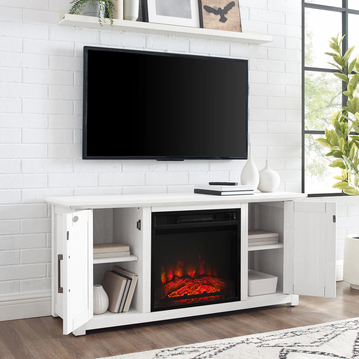 Crosley Furniture Camden 48" Low Profile Tv Stand W/Fireplace Dark Walnut
