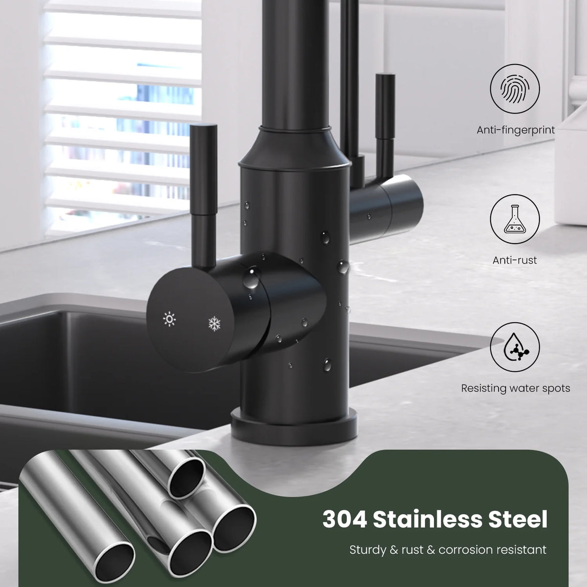 APPASO Kitchen Faucet with Water Filter, Matte Black 3 Way Sink Water Filter Faucet with Sprayer, 2 Handle Faucet with Water Purifier - 3 in 1 Faucet Black Matte (Without Water Filtration Device)