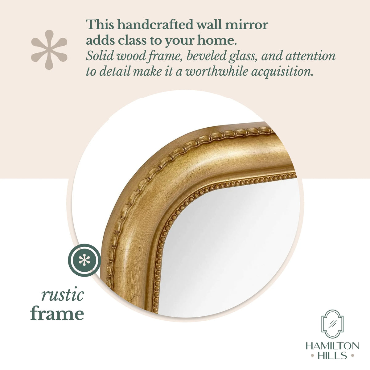 Hamilton Hills 36" x 24" Classic Gold Framed Polished Glass Top Round Corner Mirror - Thick Arched Top Rich Wall Mirror - Vanity for Bathroom Decor, Bedroom, Living Room - Hangs Horizontal or Vertica