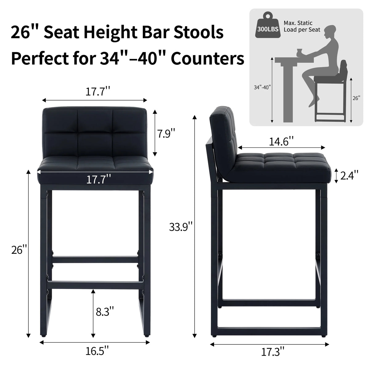 FIRAVOE Bar Stools Set of 3, Counter Height Bar Stools (Low Back)(Thickened Frame) 26" PU Leather Barstools Bar Chairs for Kitchen Island, Black