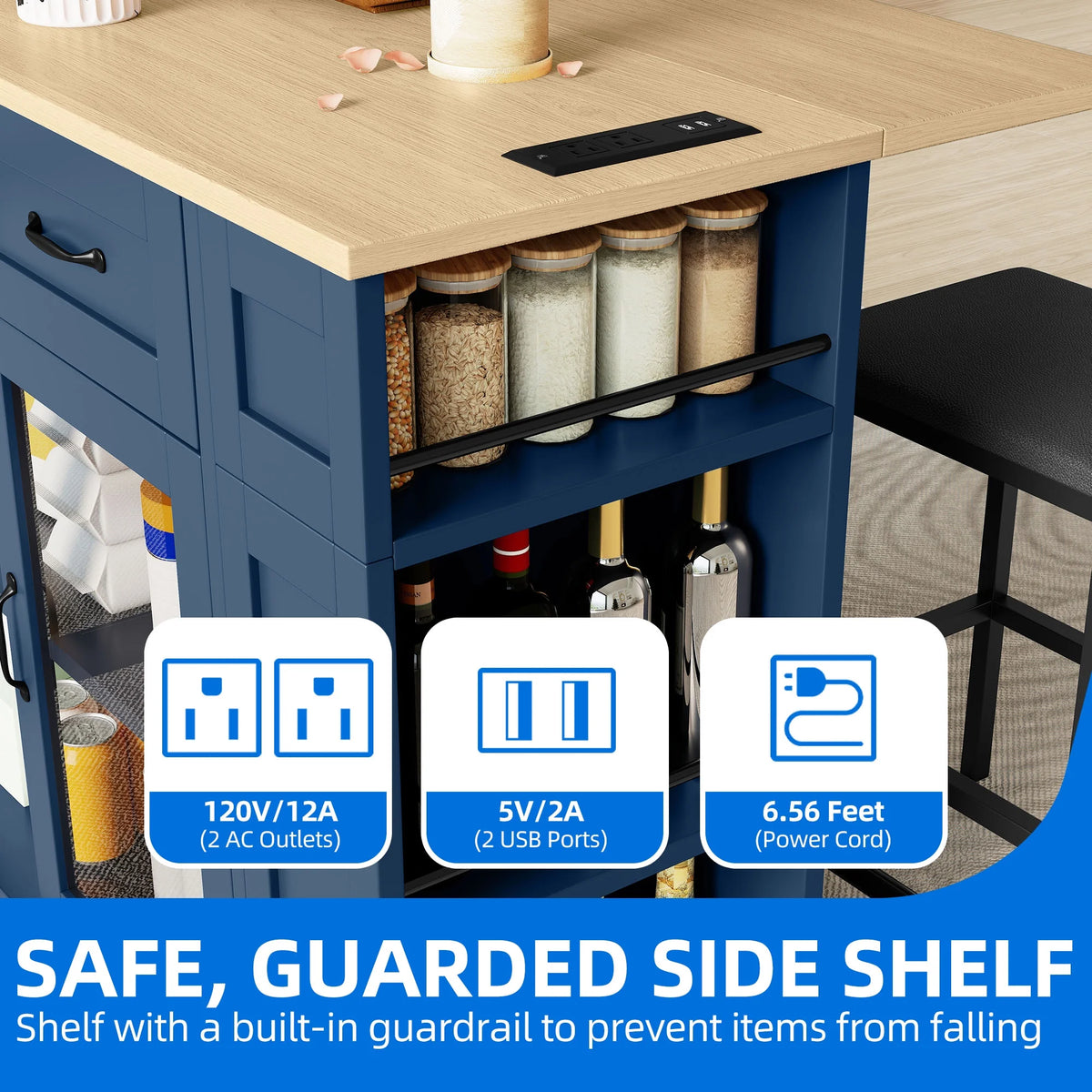 DEXTRUS Kitchen Island with Seating & Drop Leaf, Kitchen Island on Wheels with Doors & Drawers, White