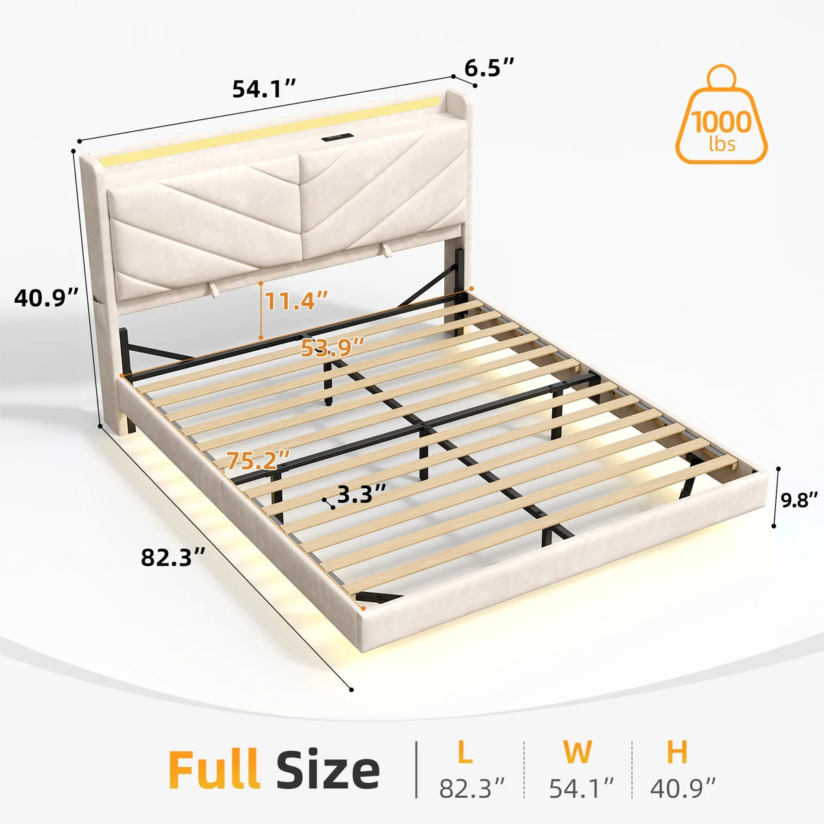 Cocosity Floating LED Upholstered Platform Queen Size Bed Frame with Ergonomic & Adjustable Storage Headboard, White