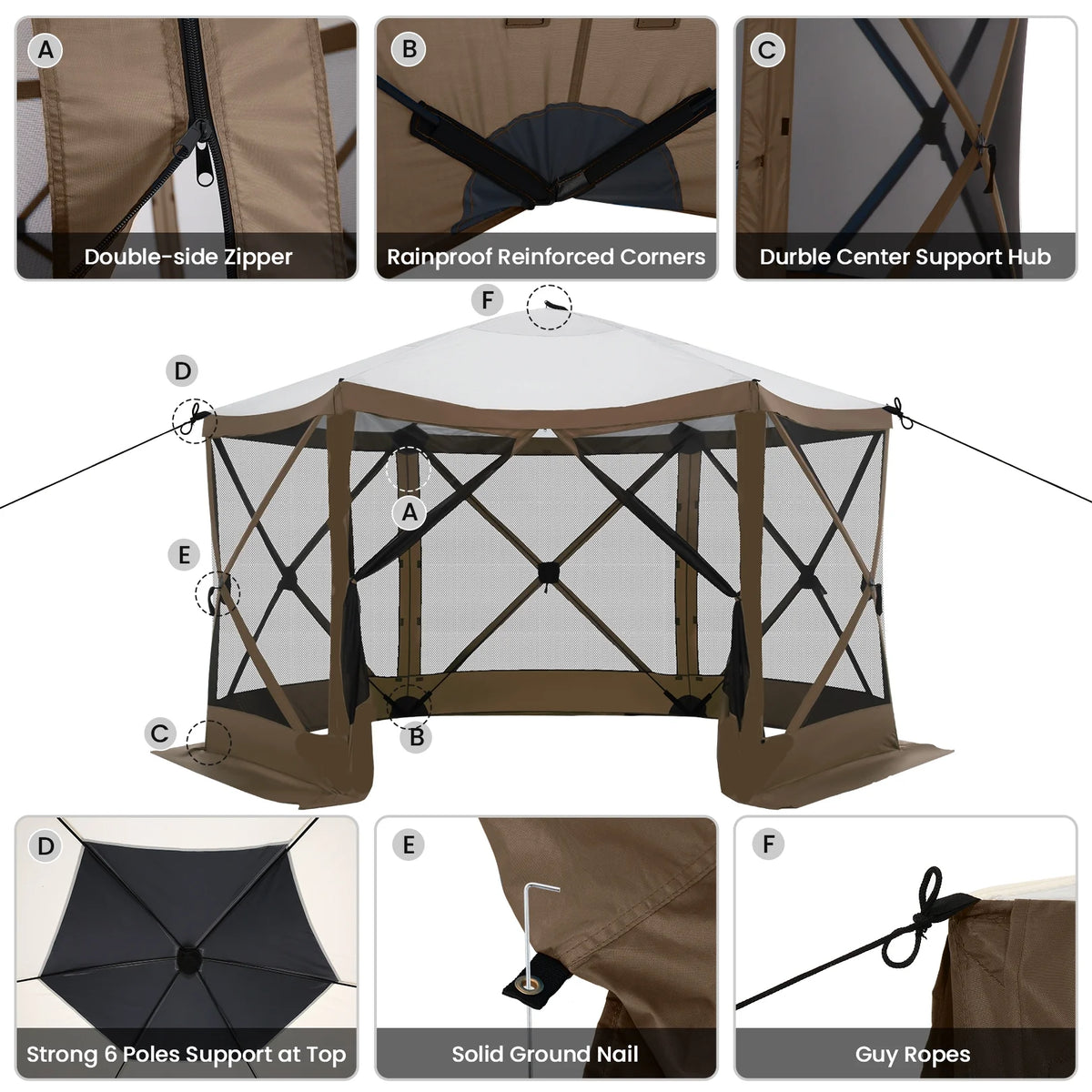 SANOPY 12'x12' Gazebo Outdoor Pop up Gazebo Screen Tent with 6 Sides Mosquito Netting Camping Gazebo Instant Shelter Glamping Tent with Carry bag, Ground Spike, Gray