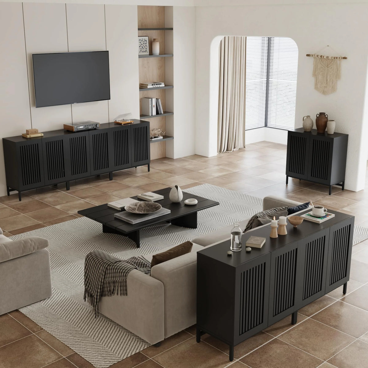 JOMEED Buffet Sideboard Cabinet with Louvered Doors & Adjustable Shelf, Wood Storage Cabinet for Kitchen, Dining Room, Living Room, Entryway Walnut