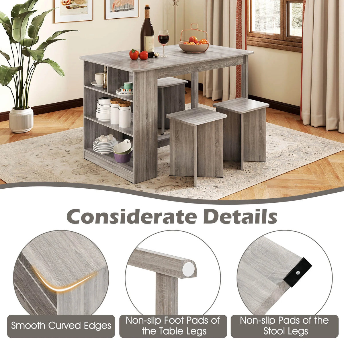 Costway 5 PCS Dining Table Set with Storage Shelf Rectangular Kitchen Table with 4 Stools Beige