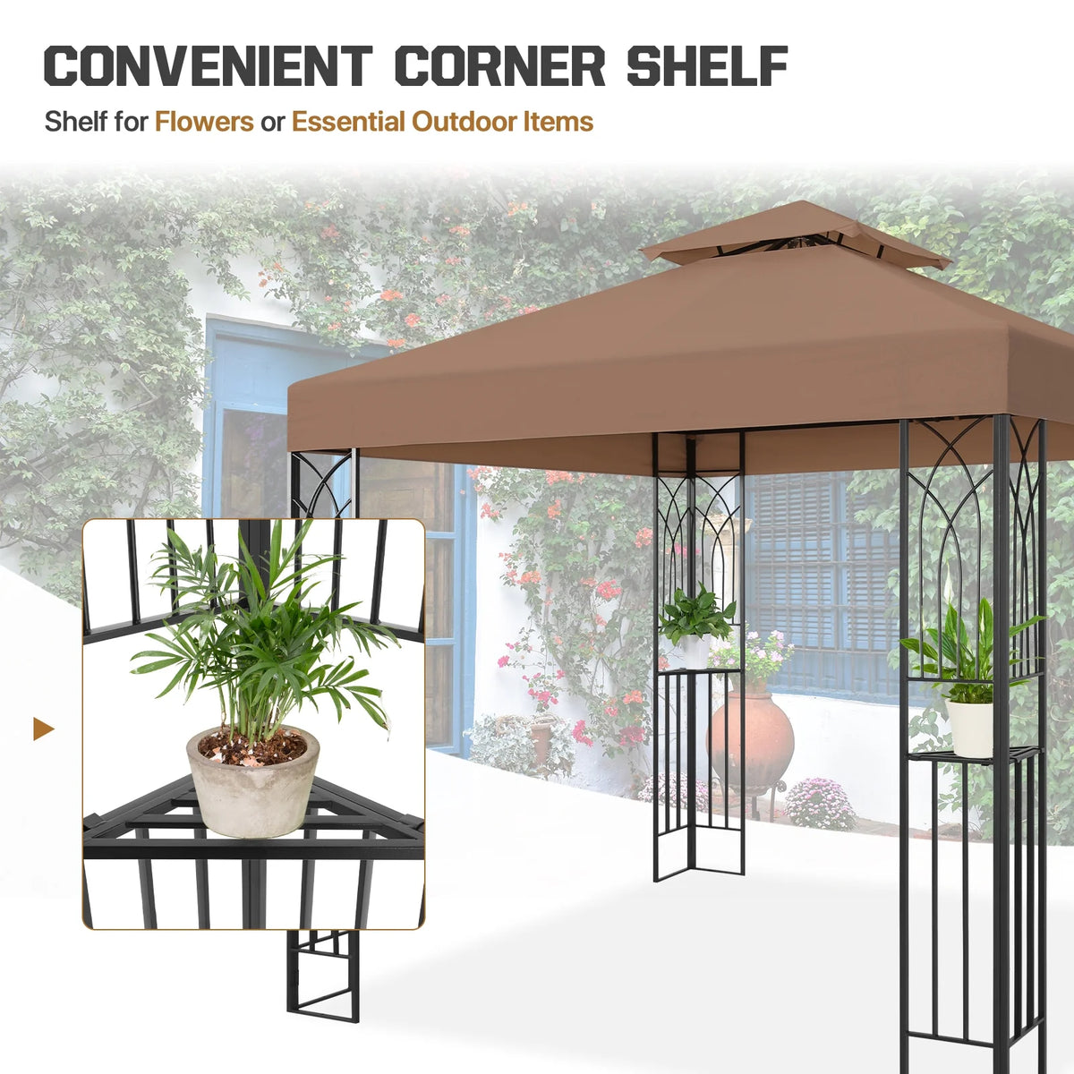 COOS BAY 8x8 Outdoor Patio Gazebo with Corner Shelves, Two-Tier Soft Top Canopy for Backyard, Lawn, Deck and Garden, Gray