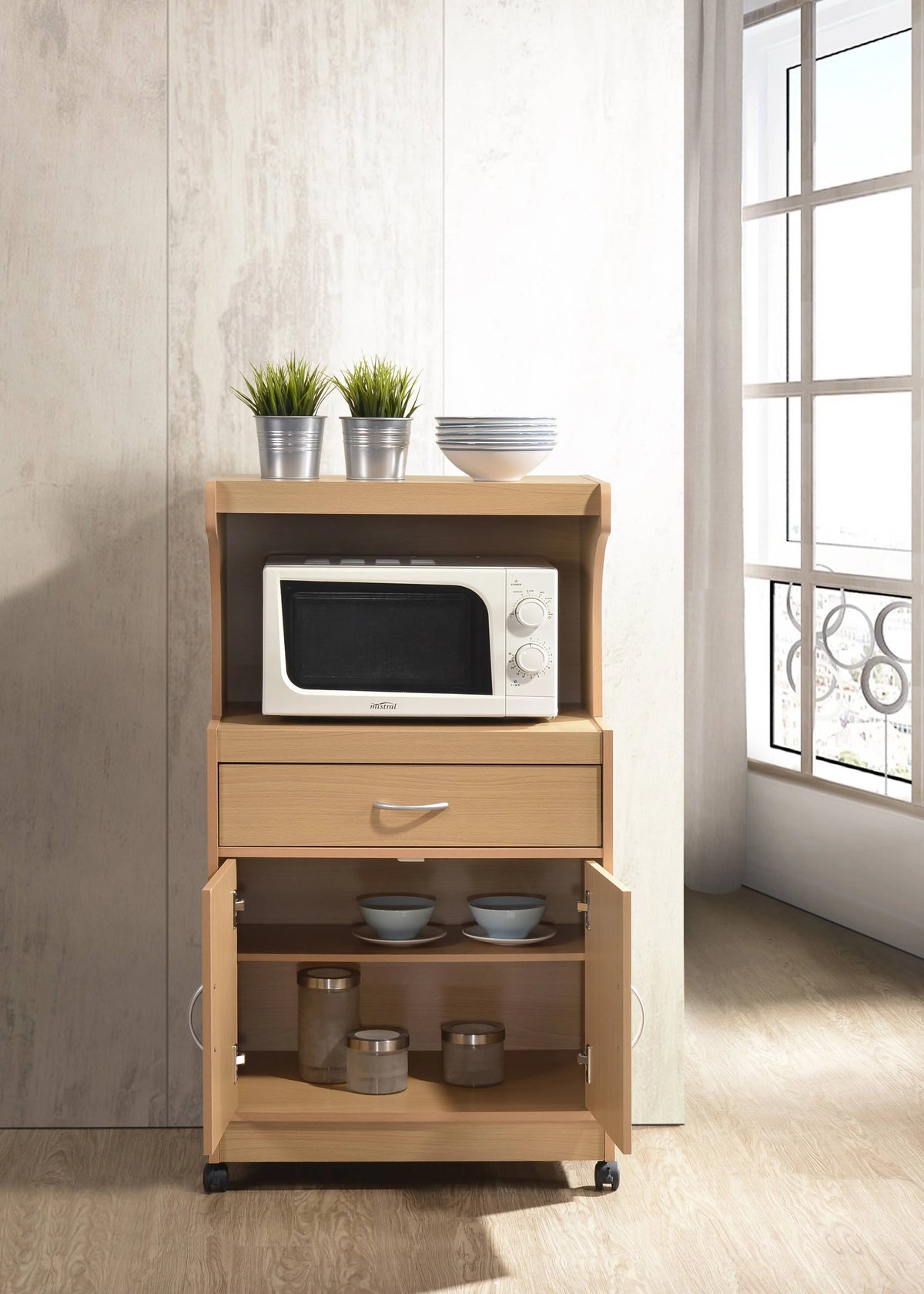 Hodedah Microwave Contemporary Wooden Kitchen Cart in Cherry Finish