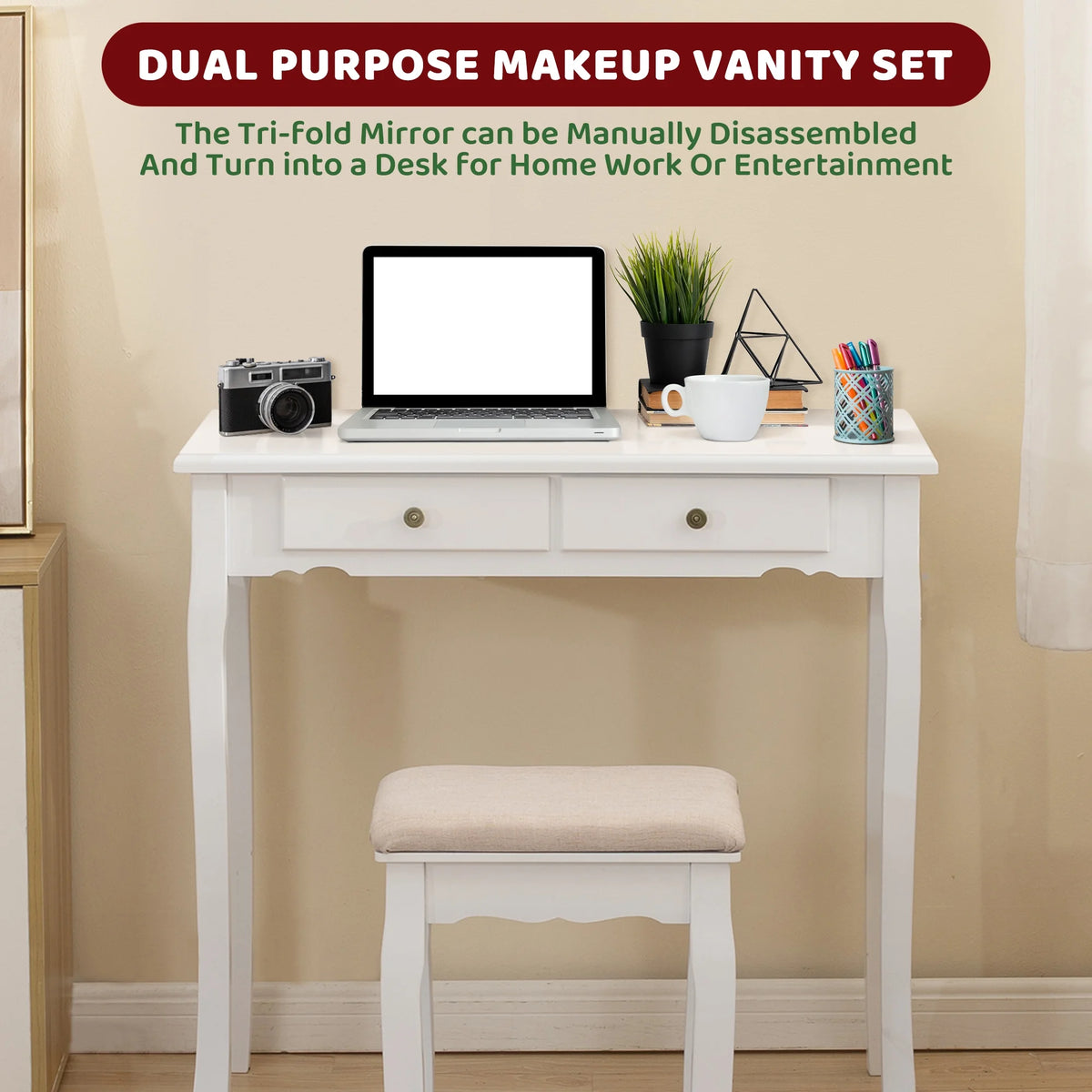LilyFantasy Makeup Vanity with Lights, Vanity Desk with Cushioned Stool, Tri-fold Vanity Table Set with 4 Drawers, 3 Adjustable Light Modes, 2 Brush Slots, 2 Open Compartments for Girls, Women, White