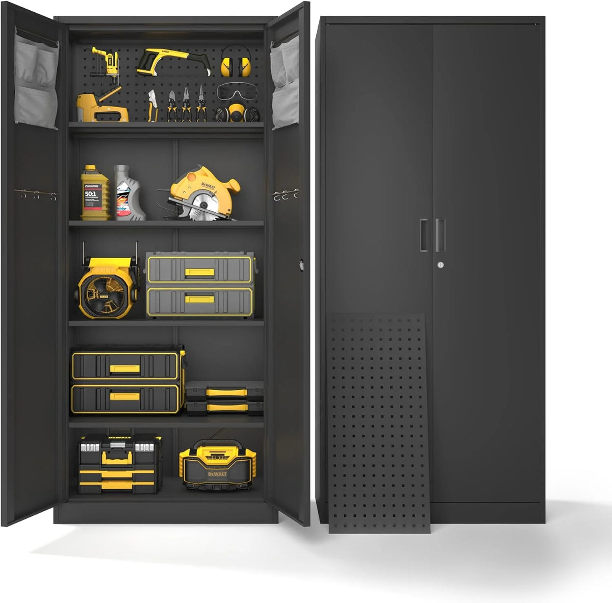 Metal Garage Storage Cabinet with Locking Doors, Lockable Heavy Duty Metal Tool Cabinet with Pegboard, Metal Utility Cabinet for Home, Office, Garage and Workshop, Black
