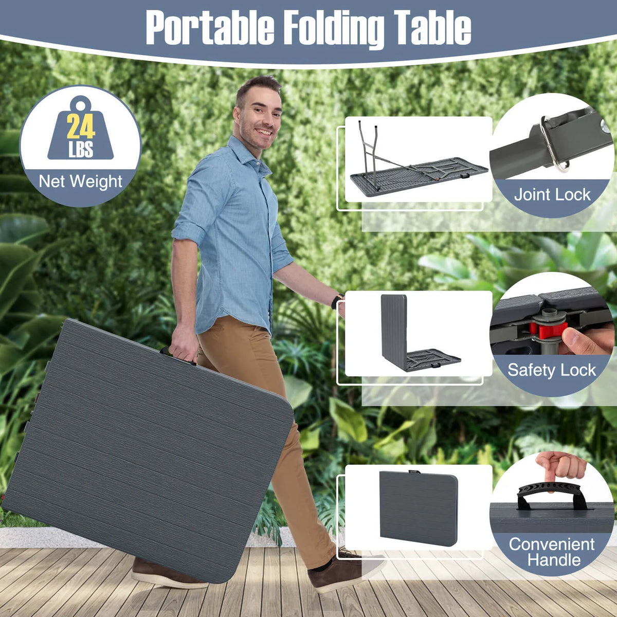 Costway 6 ft Portable Folding Table with Wood Grain HDPE Tabletop Safe Lock Mechanism Gray