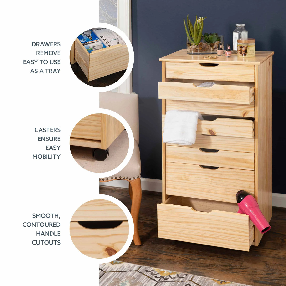 Linon Callie Eight Drawer Rolling Storage Cart in Natural Stained Wood