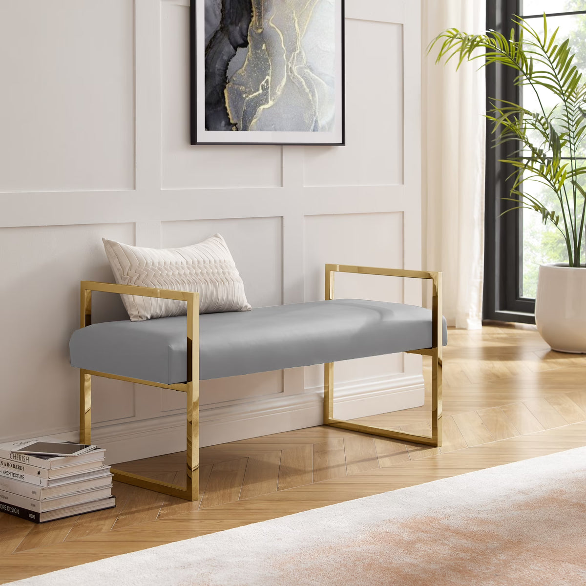 Madisen Velvet Bench with Gold Frame, Navy