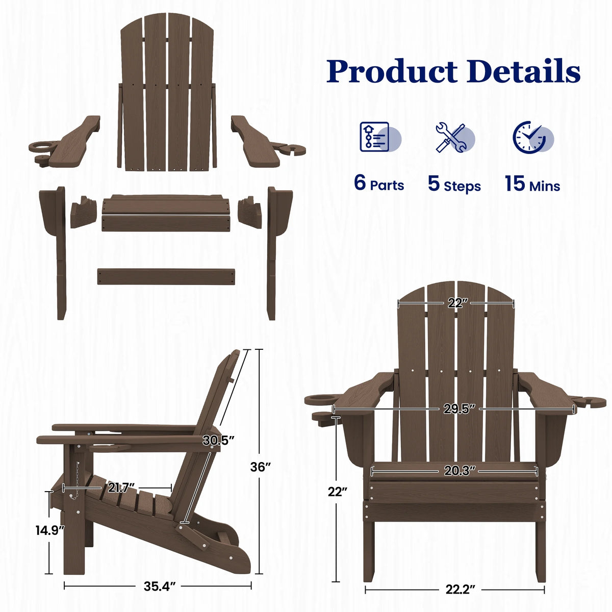 SERWALL Folding Adirondack Chair Set with Dual Cup Holders & Phone Holder, All-Weather HDPE Fire Pit Chairs for Outdoor, Patio, Poolside, Garden - Black