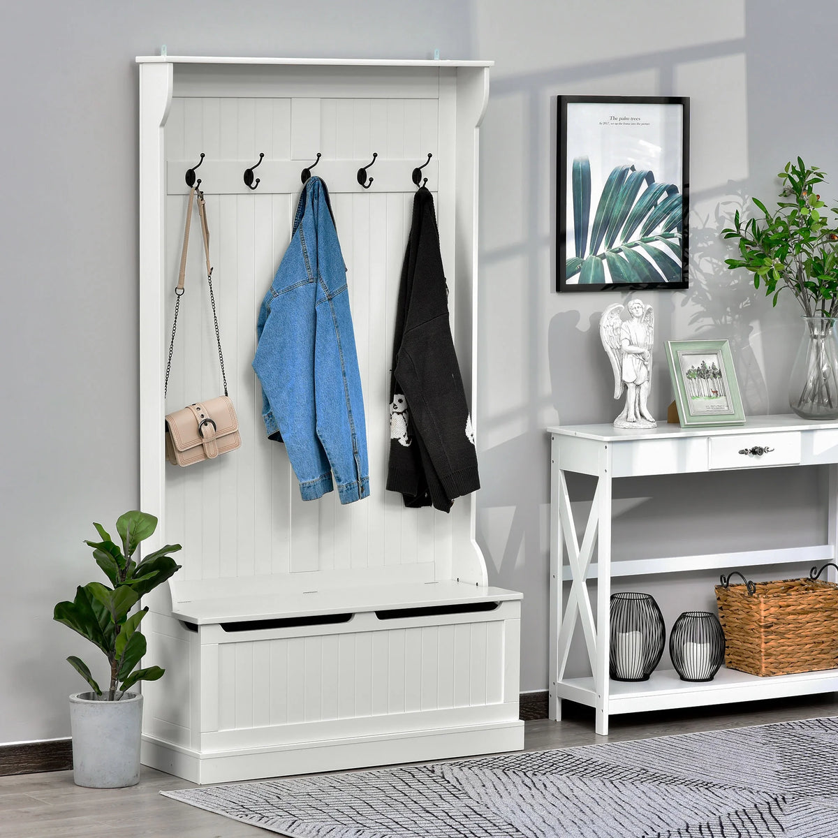 HOMCOM 3-In-1 Hall Tree Storage Bench and Coat Rack with 5 Steel Double Hooks, and Anti-Topple Anchor for Entryway, Cream White