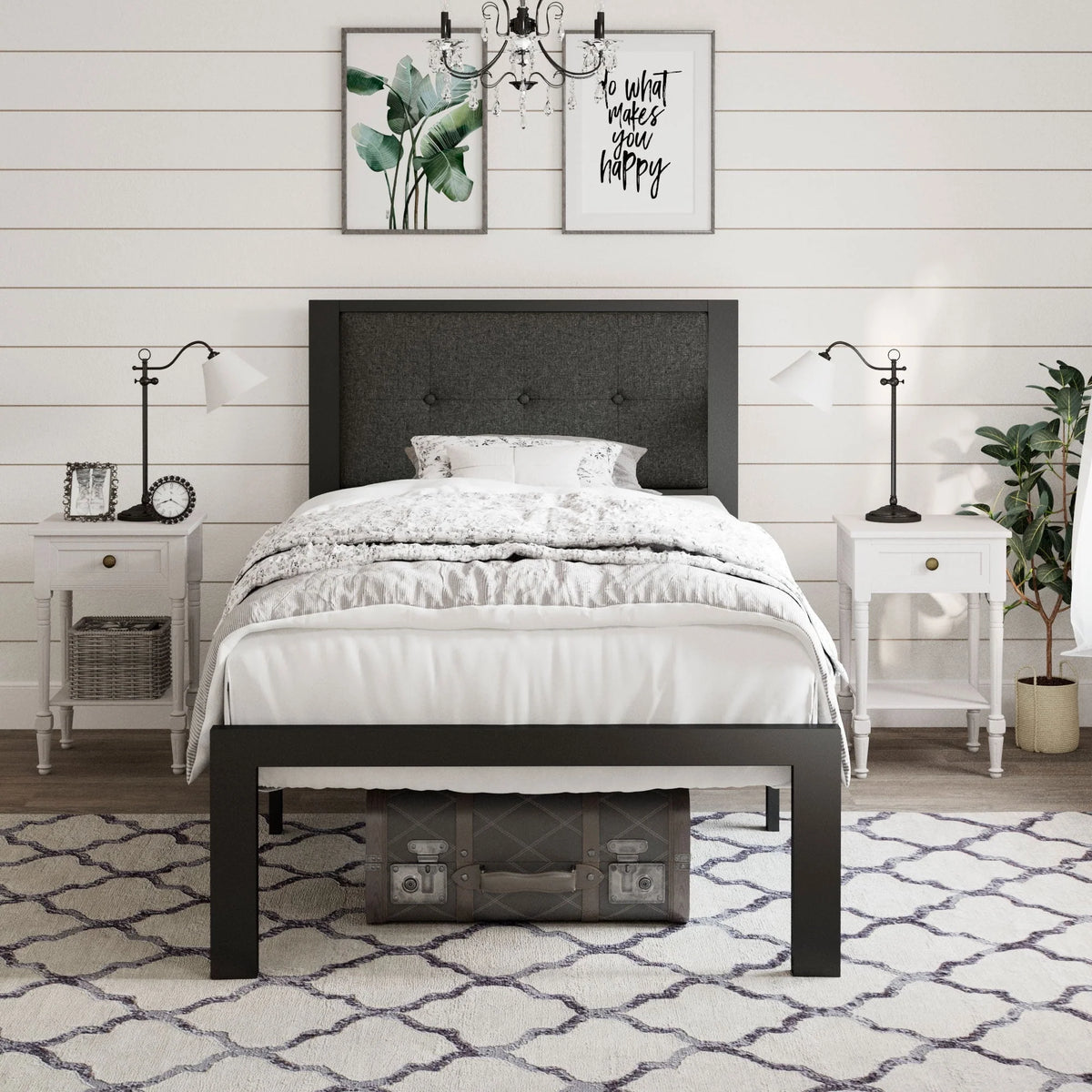 Amolife Twin Size Metal Platform Bed with Upholstered Button Tufted Headboard and 16 Strong Steel Slats, Dark Grey
