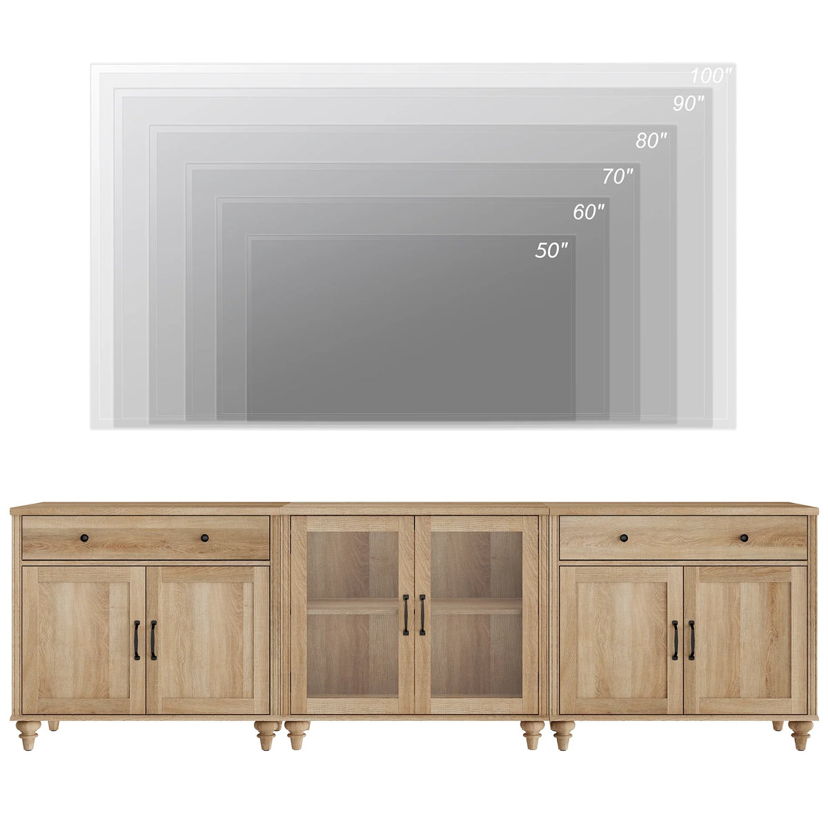 TV Stand for 100 Inch TV, 3-in-1 TV Console Table for 75/80/85/90 Inch TV, Farmhouse  Entertainment Center with Glass & Wooden Door, Kitchen Sideboard Buffet Cabinet for Dining Room, Oak