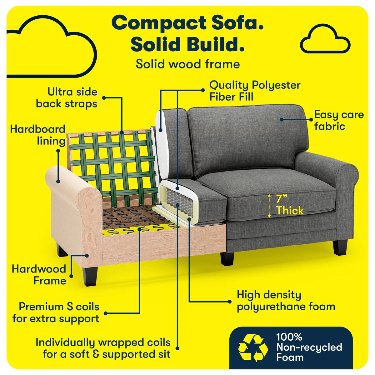 Serta Copenhagen 73" Rolled Arm Sofa with Removable Covers Light Gray