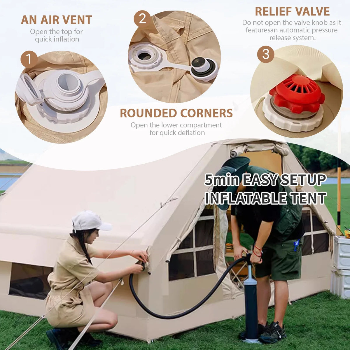 Inflatable Camping Tents 4/6/8/10 Person,129 Square Feets Large Blow up Tent with Stove Jack