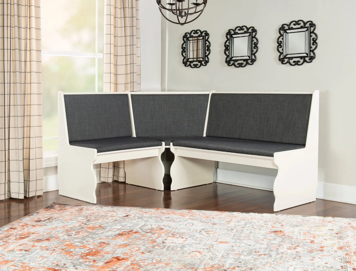 Linon Weston Corner Dining Breakfast Nook with Table and Bench, Seats 5-6, White Finish with Charcoal Fabric