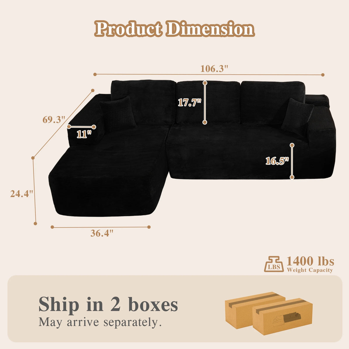 Ovios 106" L-Shaped Sectional Sofa Modern Modular Cloud Couch with Deep Seating Upholstered Sofa for Living Room Bedroom, No Assembly Required, Black(Corduroy)