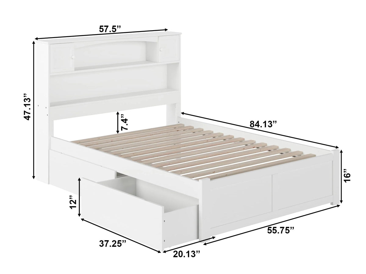 AFI Newport Full Solid Wood Platform Bed with Footboard & 2 Storage Drawers in White