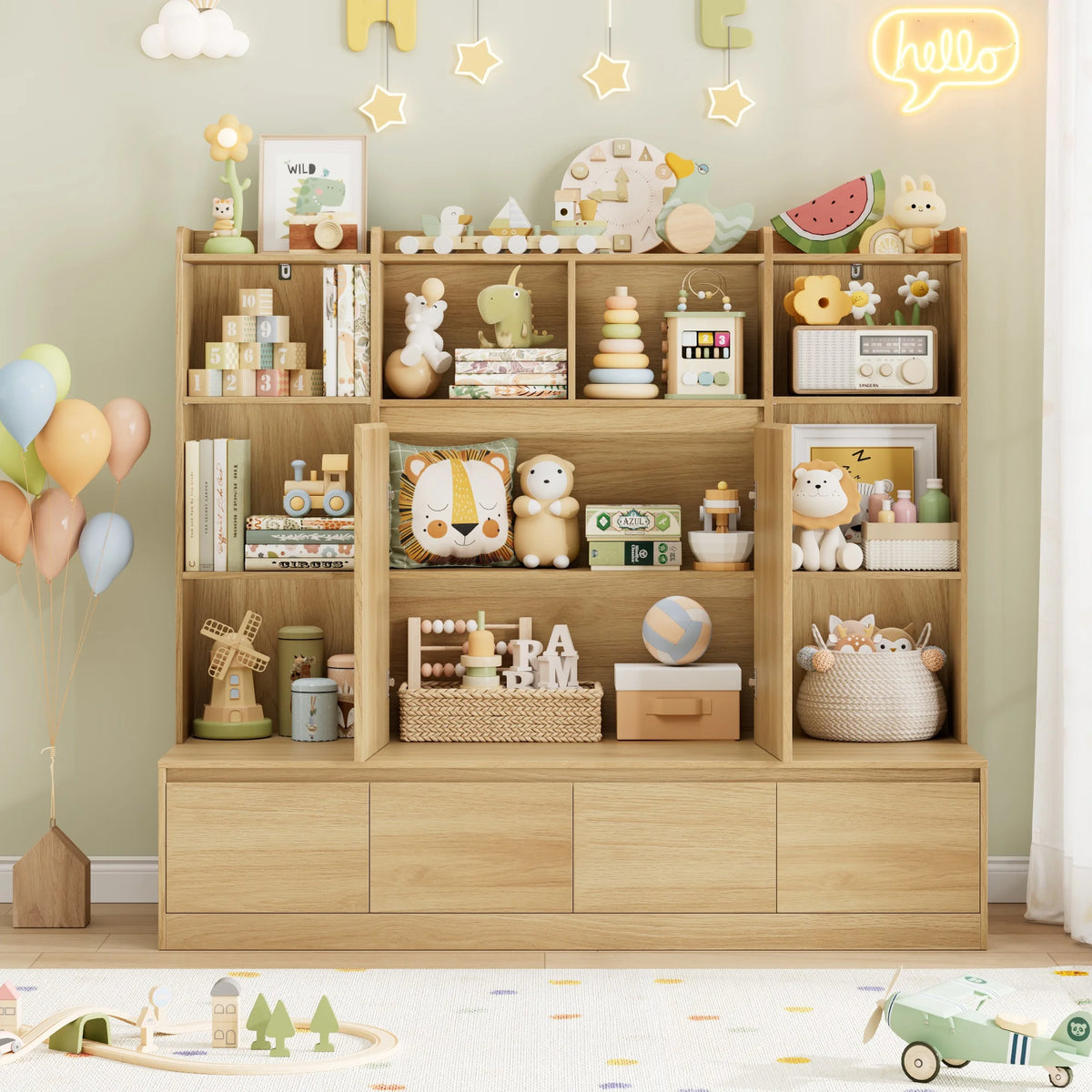 Homfa 10 Cubes Kids Toy Storage Organizer, 4 Drawers Kids Bookcase and Bookshelf with Doors & Adjustable Shelves for Playroom Kids Room, White