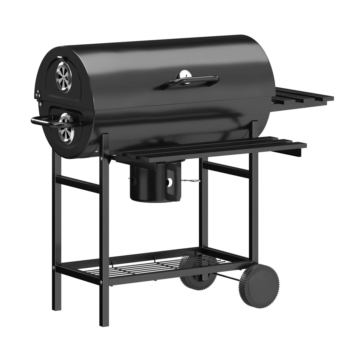 29�� Barrel Outdoor Charcoal Grill with Side Shelf and Wheels, Black