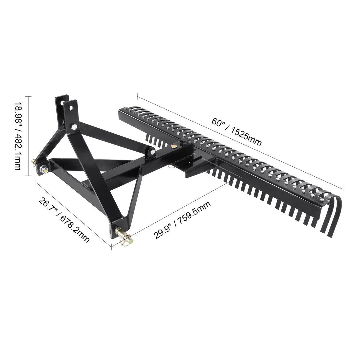 KFFKFF 3-Point Landscape Rake, 60" Pull-Behind Thatch Remover with 32 Steel Tines, Tractor-Compatible 3-Point Hitch Garden Rake with Attachments